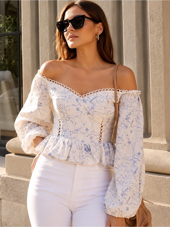 Express Tops - Express Off-Shoulder Peplum Blouse in Cream with Blue Floral Sz S
